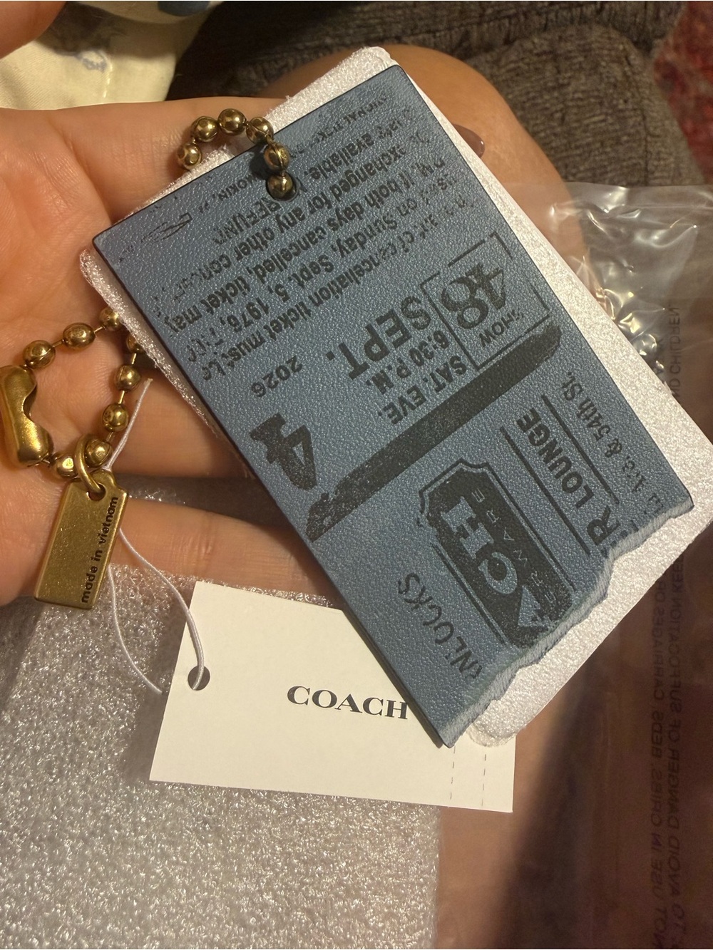 Coach Blue Leather Ticket-Style Card & Key Holder with Gold-Tone Chain